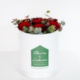 Tall Box of Red Roses and Eucalyptus   (1)