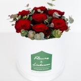 Tall Box of Red Roses and Eucalyptus   (2)
